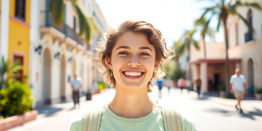 Lächelnde Person in hellen Umgebungen während Auslandsaufenthalt.