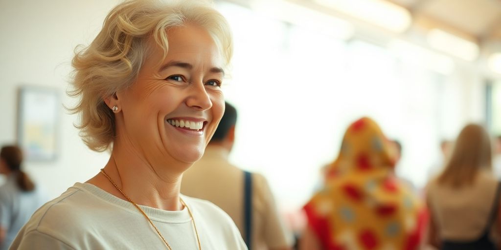 Lächelnde Person in hellem Umfeld, positive Beziehungen.