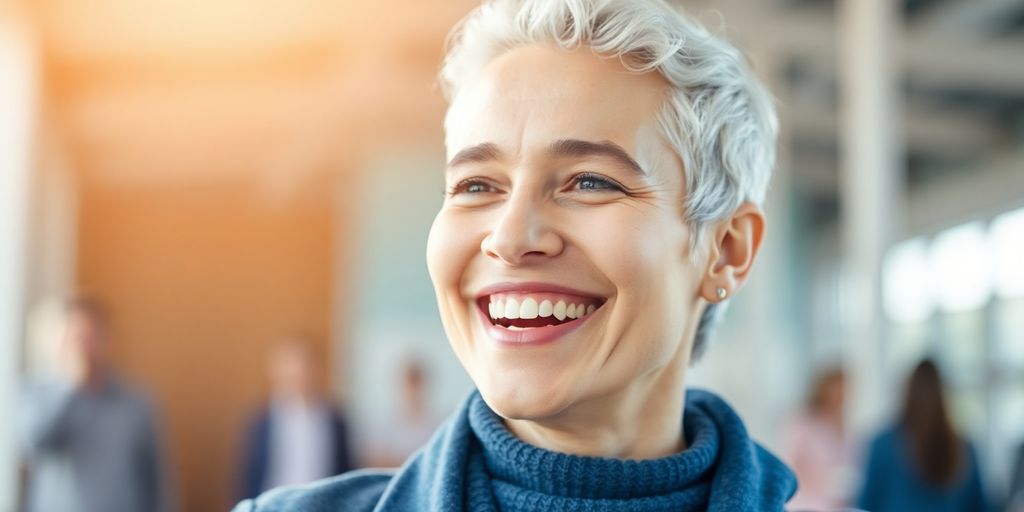 Lächelnde Person in heller Umgebung mit positiver Ausstrahlung.