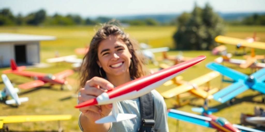 Lächelnde Person mit Modellflugzeug auf dem Flugplatz