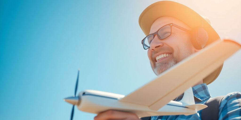 Lächelnde Person mit Modellflugzeug in hellem Umfeld.