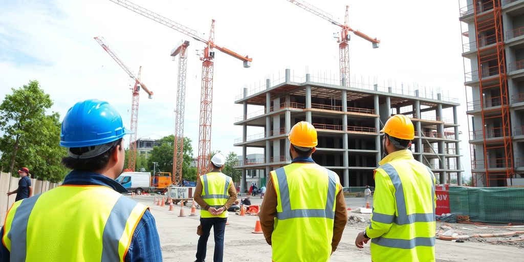 Construction site with workers and cranes