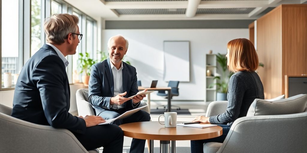 Berater und Kunde im modernen Büro über Versicherung.