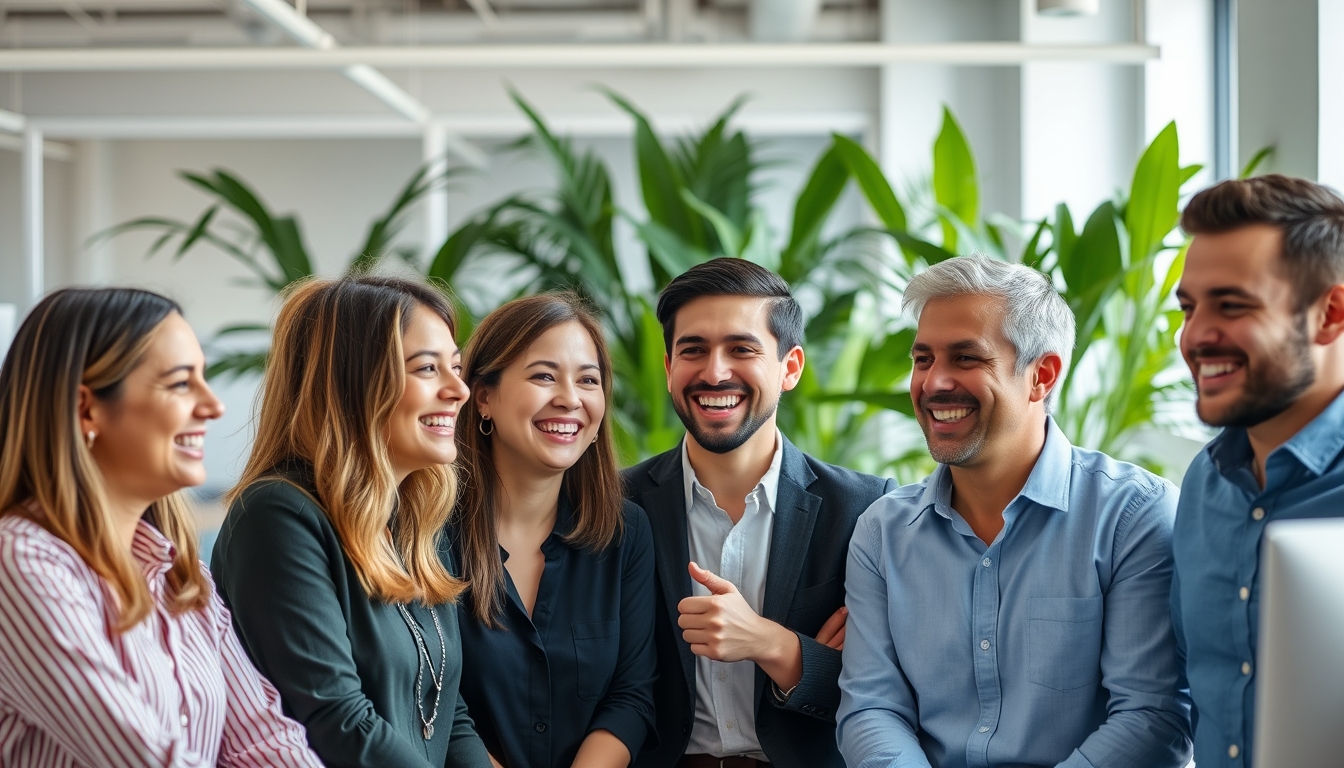 Happy employees collaborating in a bright office setting.