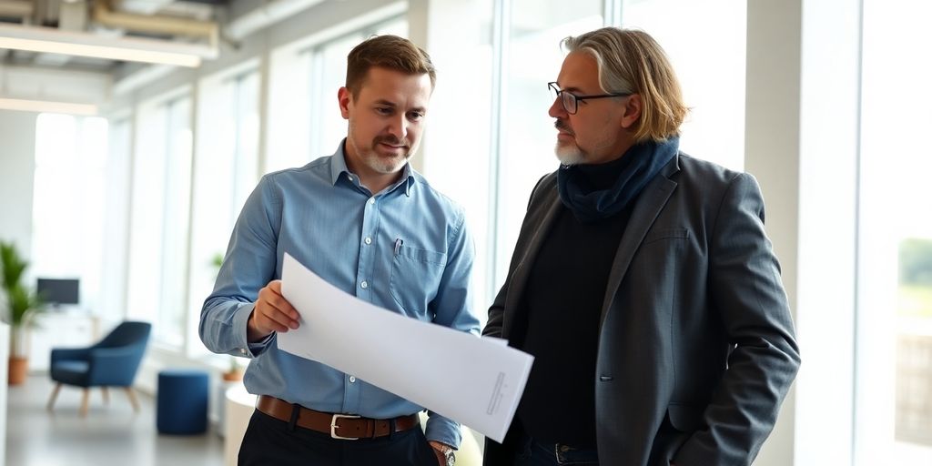 Beratungsgespräch zwischen Kunden und Berater in modernem Büro.