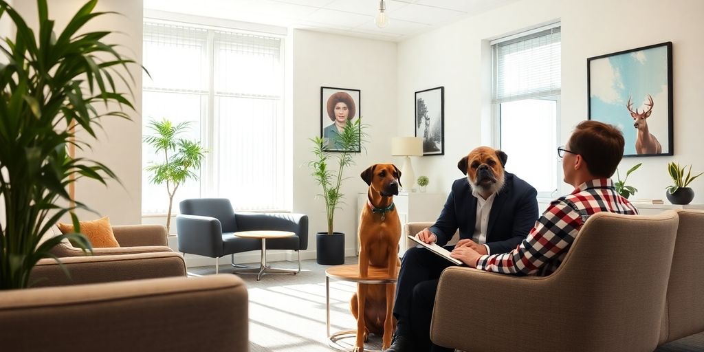 Berater und Kunde im modernen Büro für Jagdhundeversicherung.