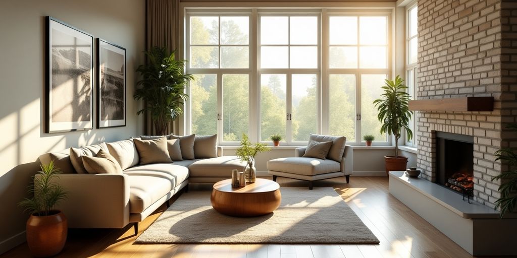 Helles, geräumiges Wohnzimmer mit modernen Möbeln.