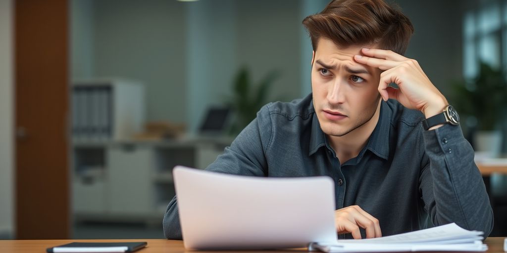 Worried professional contemplating insurance options at desk.