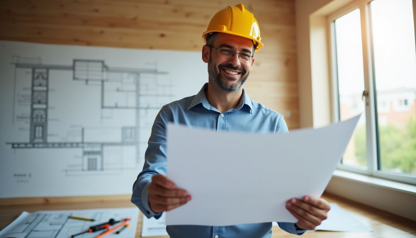 Insurance expert reviewing building plans.