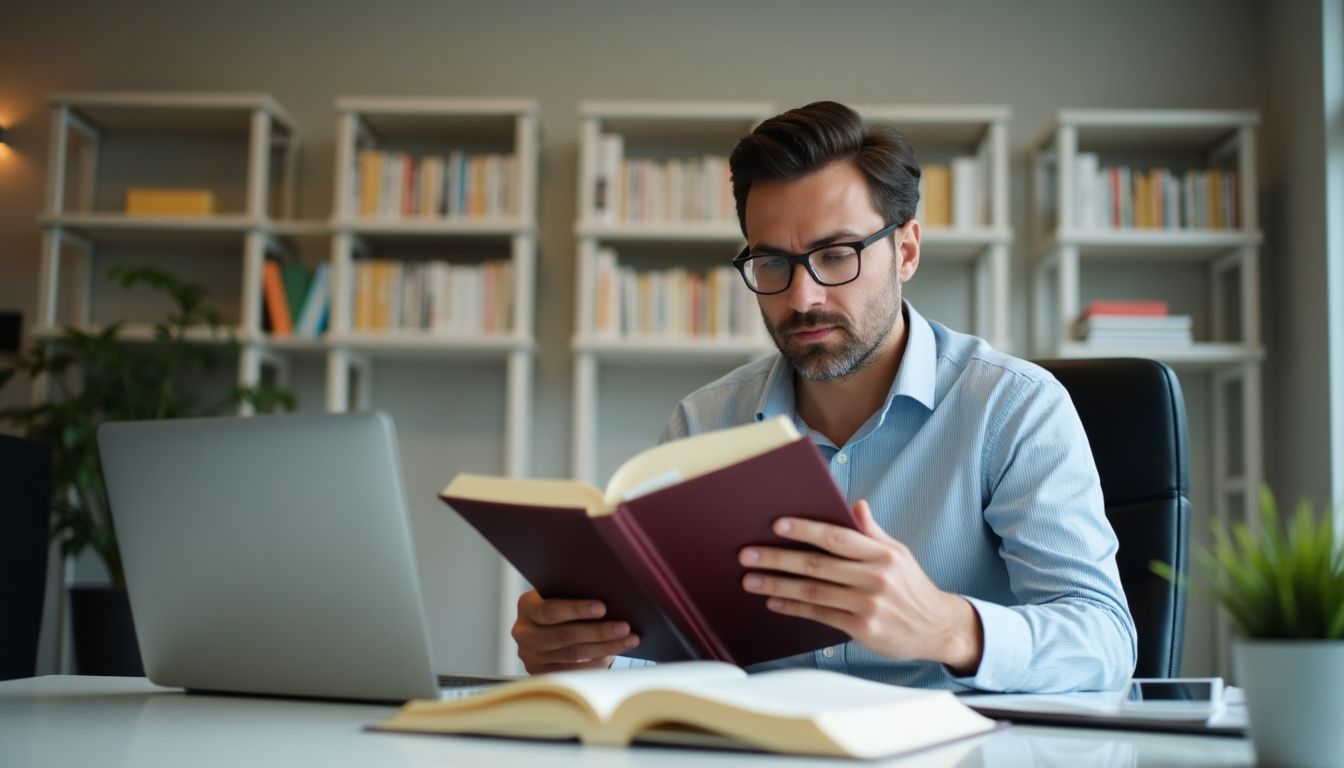 Experte liest im hellen Büro einen Artikel zum Versicherungswert