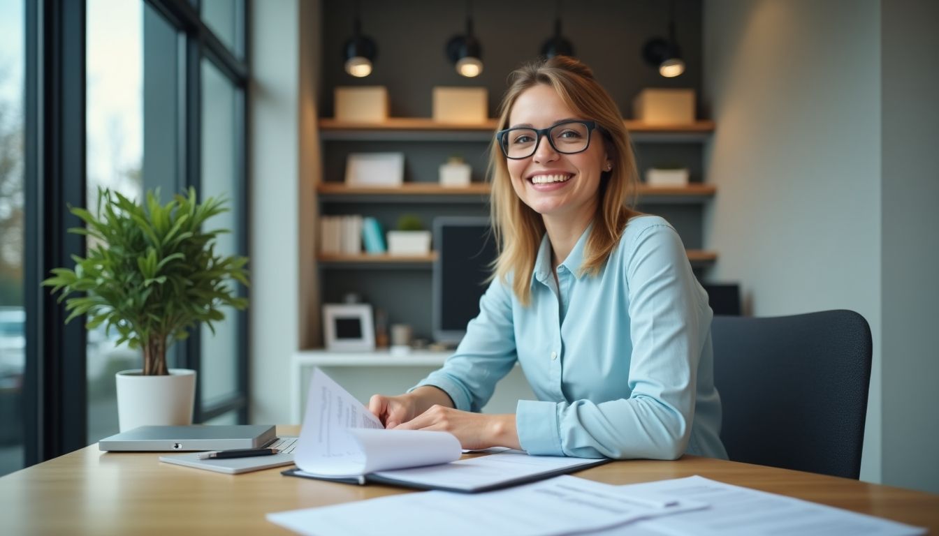 Smiling insurance clerk in a modern office.