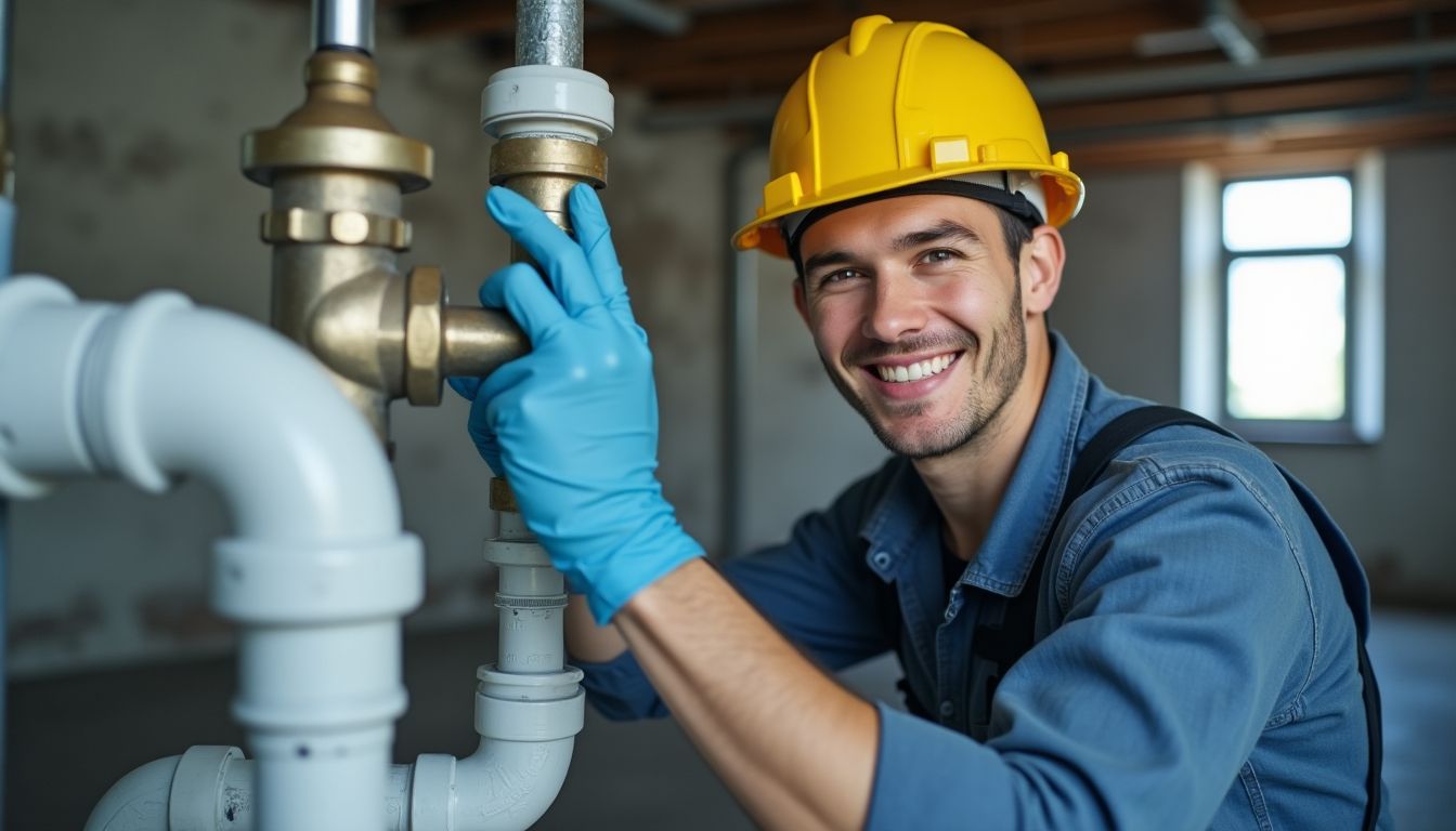 Technician smiling in a bright basement with pipes.