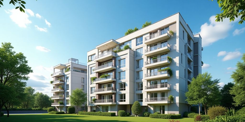 Moderne Wohnanlage mit Balkonen und grünem Umfeld.