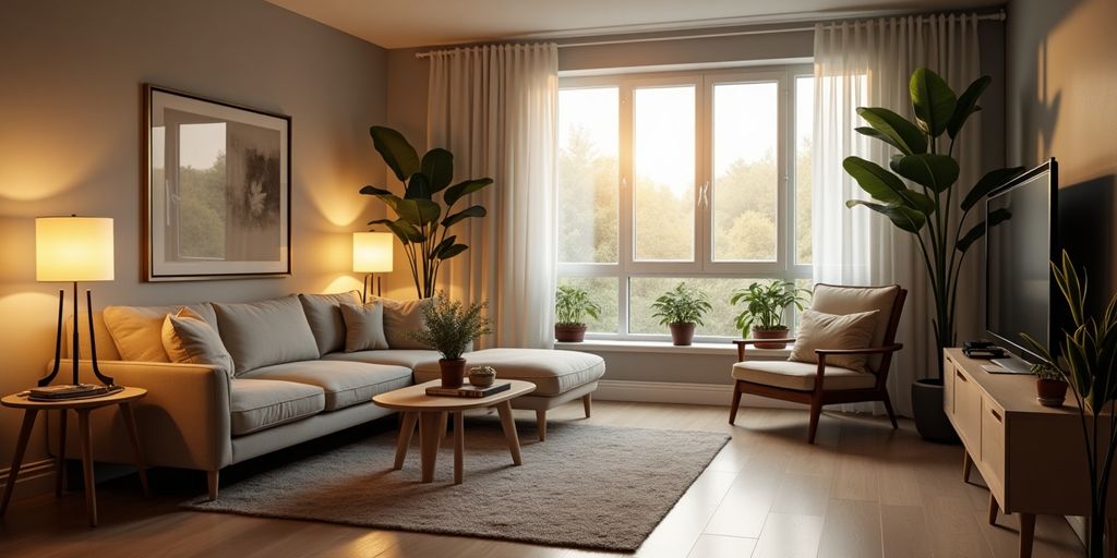 Wohnungseigentum: Gemütliche Wohnung mit modernen Möbeln und Pflanzen.
