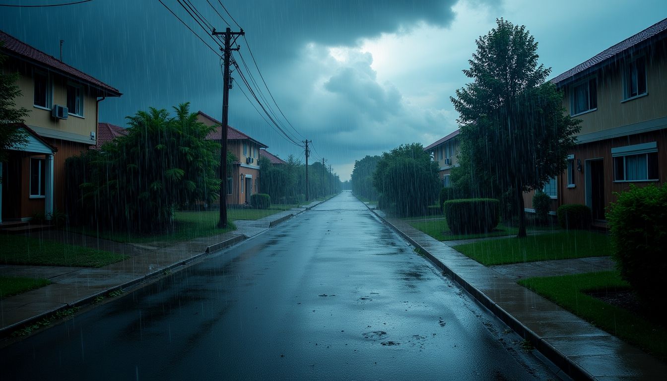 Heavy rainstorm affecting a residential area.