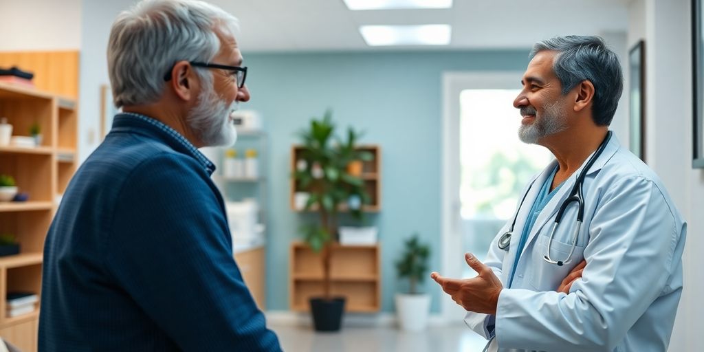 Arzt spricht mit Patient in moderner Praxis.