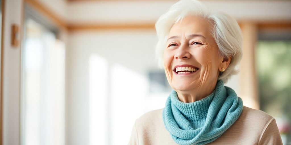 Barthel-Index: Ältere Person mit Lächeln in heller Umgebung.
