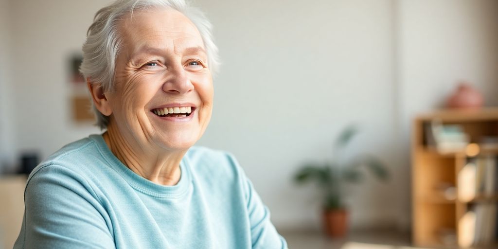 Assistenzpflege: Ältere Frau lächelt in hellen Räumen.