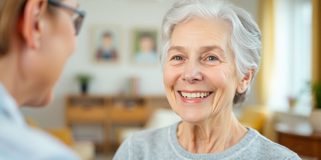 Lächelnder älterer Mensch in heller Umgebung.