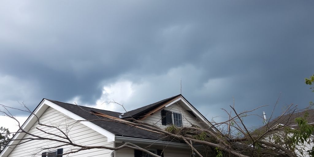 House with roof damage and fallen branches