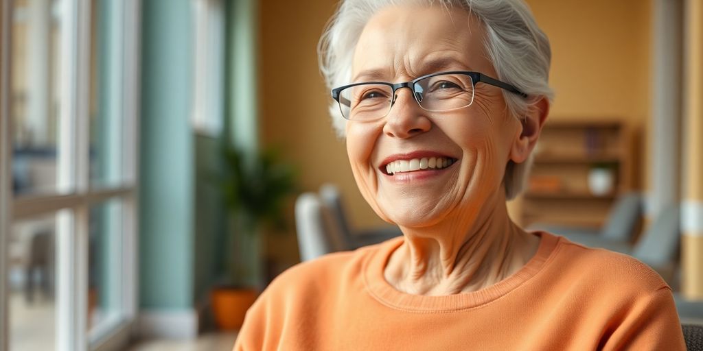 Frau befindet sich in einer modernen Pflegeeinrichtung.