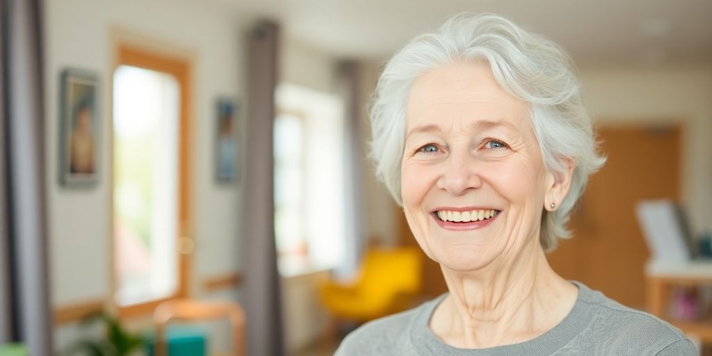 Ältere weiße Person mit einem Lächeln in hellen Räumen