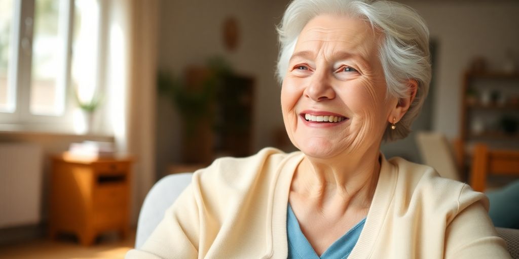 Älterer weißer Mensch mit einem Lächeln in hellem Umfeld.