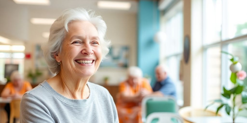 Ältere weiße Person lächelt in heller Umgebung.