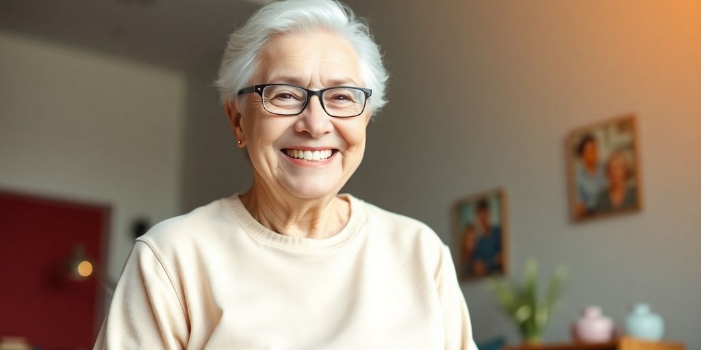 Lächelnder älterer Mensch in hellen, freundlichen Räumen.