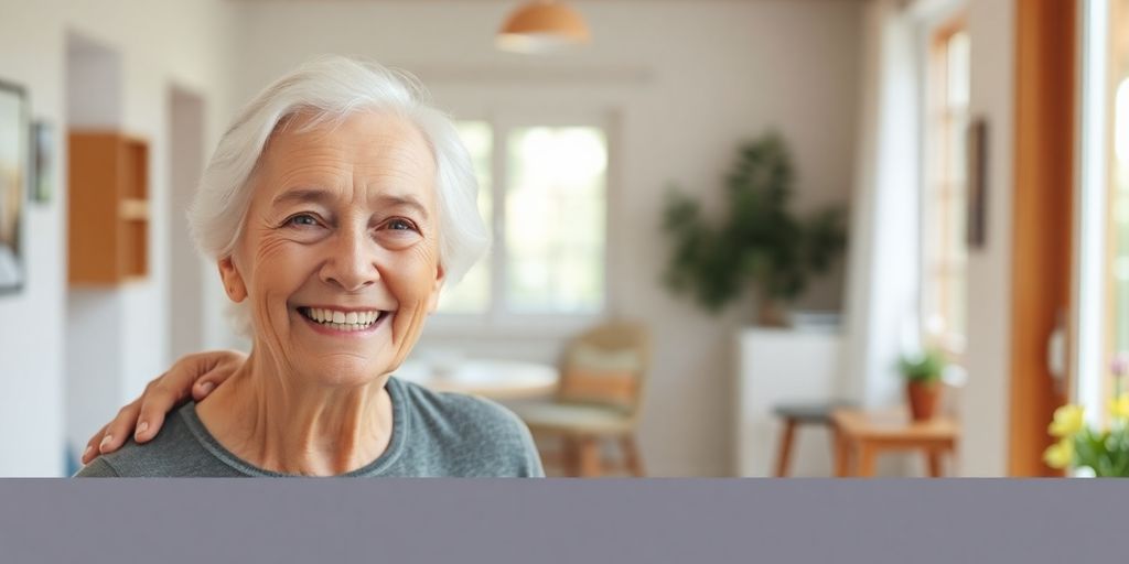 Ältere weiße Person lächelt in heller Umgebung.