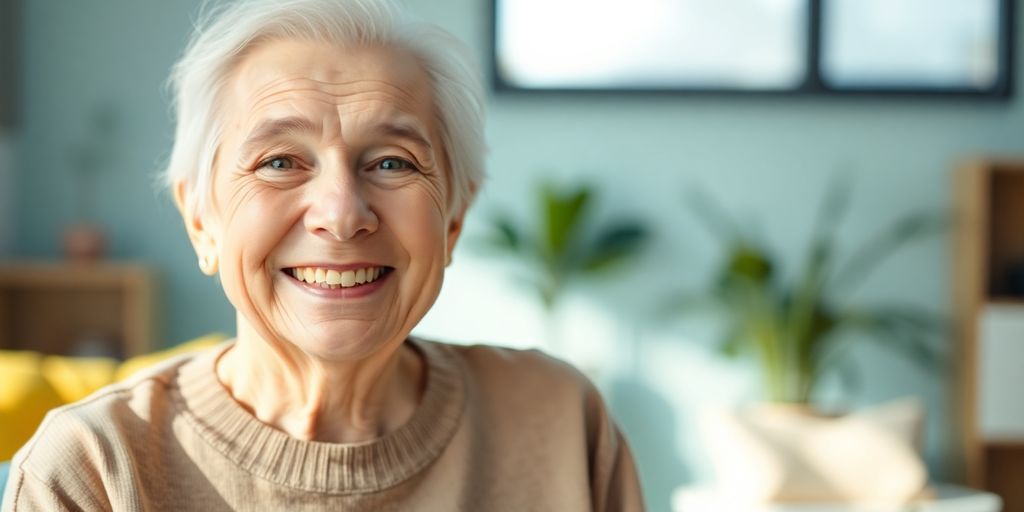 Lächelnder älterer weißer Mensch in heller Umgebung.