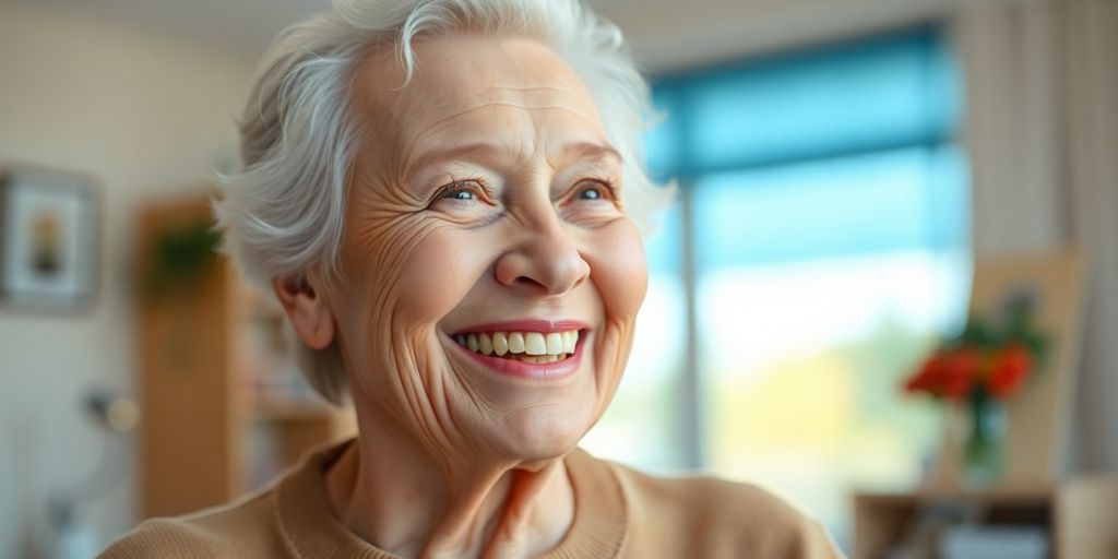 Älterer weißer Mensch lächelt in heller Umgebung.