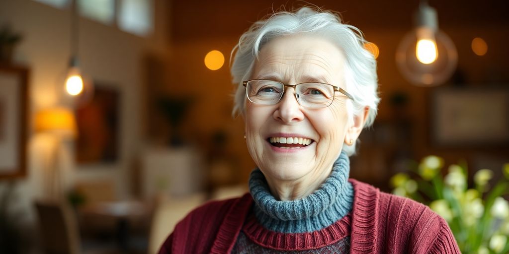 Ältere Person mit einem Lächeln in hellen Farben.
