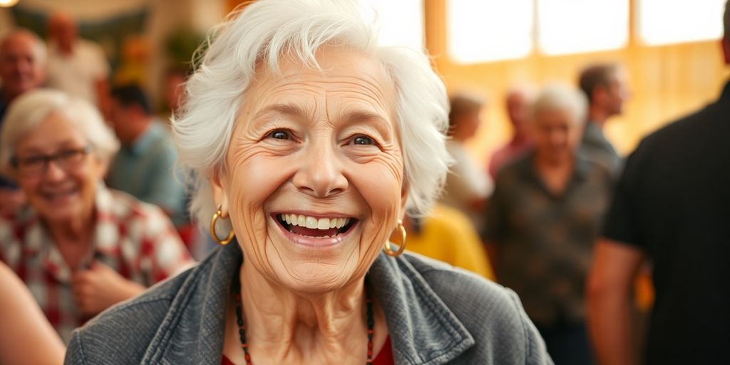 Ältere Person lächelt in heller Umgebung.