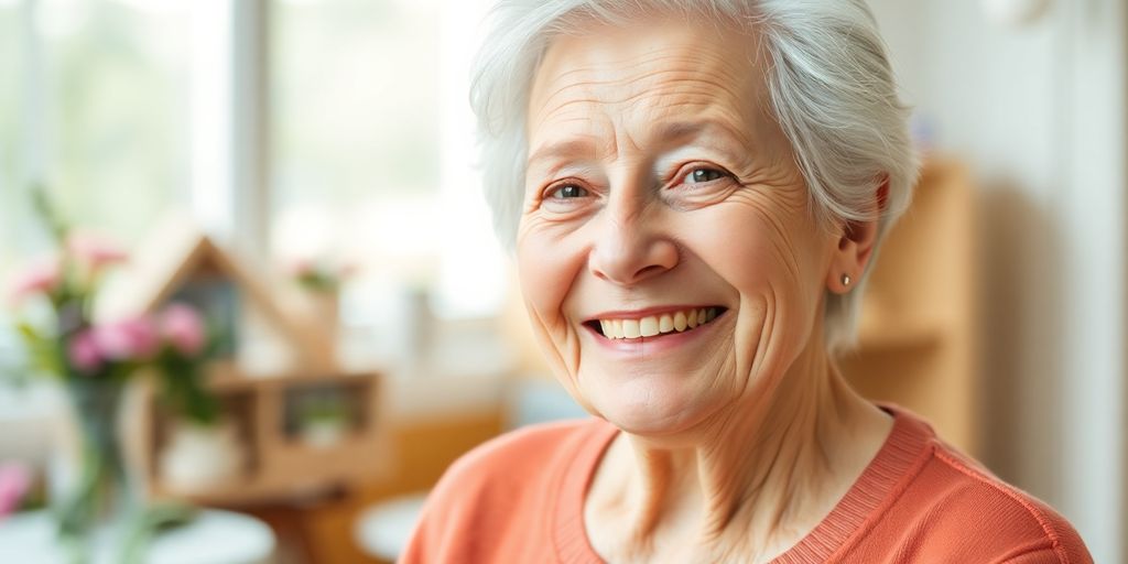 Älterer weißer Mensch lächelt in hellem Umfeld.