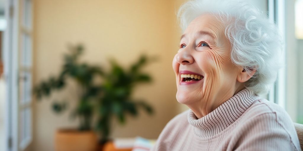 Ältere Person mit Lächeln in heller Umgebung.