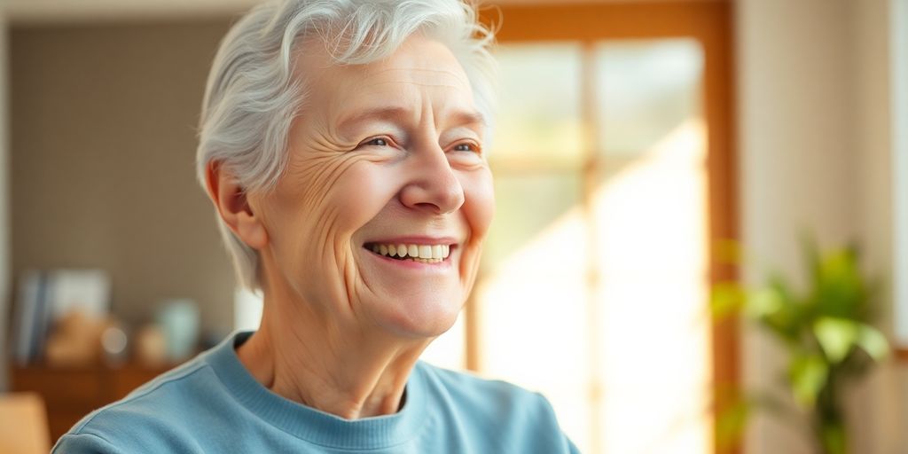 Ältere Frau bekommt Patientenbetreuung und lächelt in hellen Räumen.