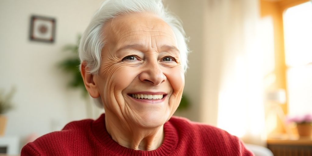 Lächelnder älterer Mensch in hellem Umfeld.