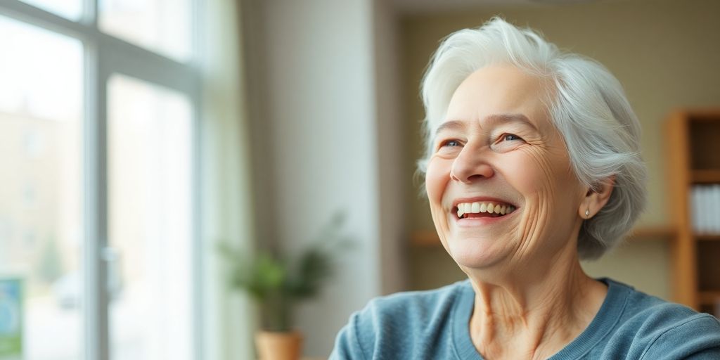 Patientenbetreuung: Ältere Frau mit einem Lächeln in hellem Umfeld.