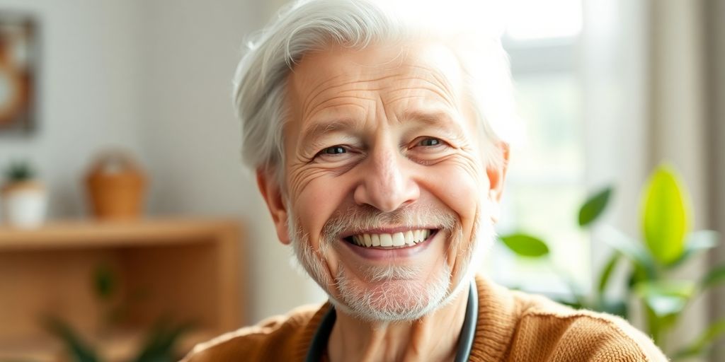 Ältere Person lächelt in hellen, freundlichen Räumen.