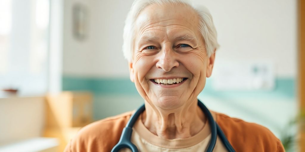 Ältere Person lächelt in hellem Krankenhausumfeld.