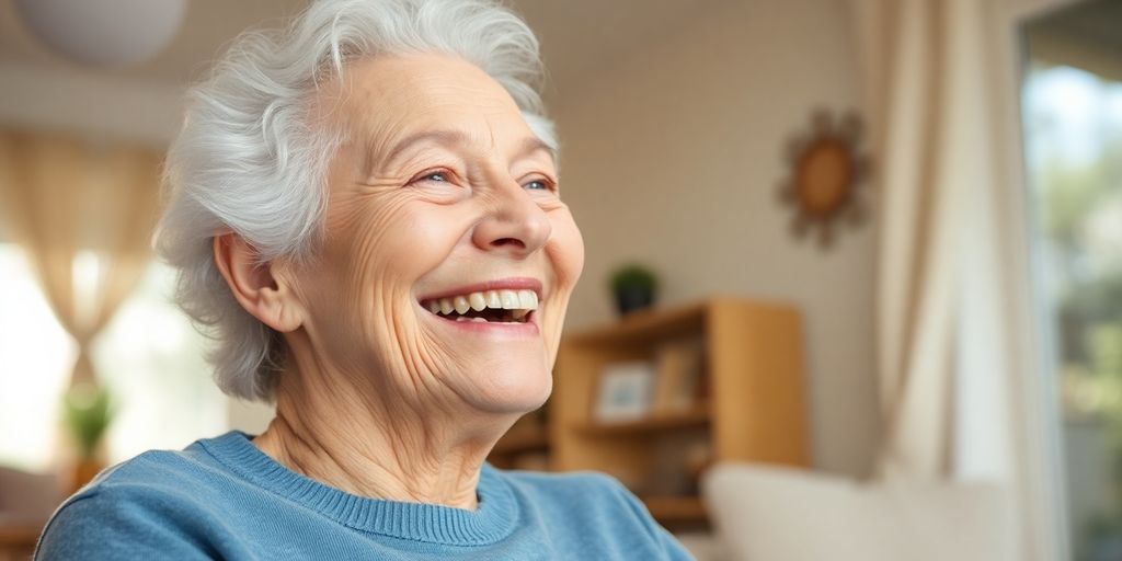 Ältere Person lächelt in heller Umgebung, freut sich über das Betreuungsangebot.