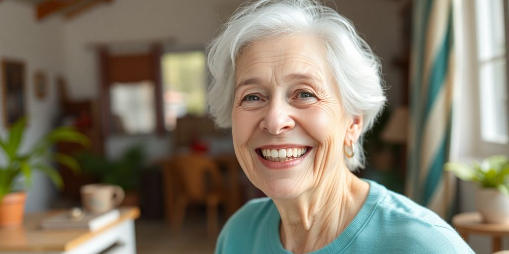 Altenpflege finanzieren: Lachende Frau in Wohnung