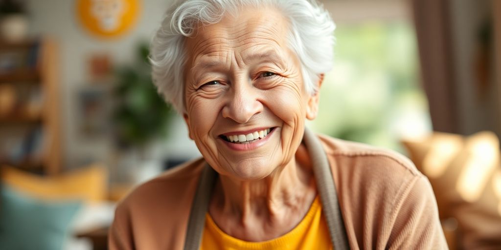 Ältere Person lächelt in heller Umgebung.