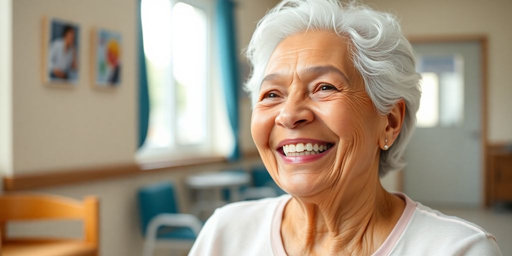 Ältere Person mit einem Lächeln in heller Umgebung.