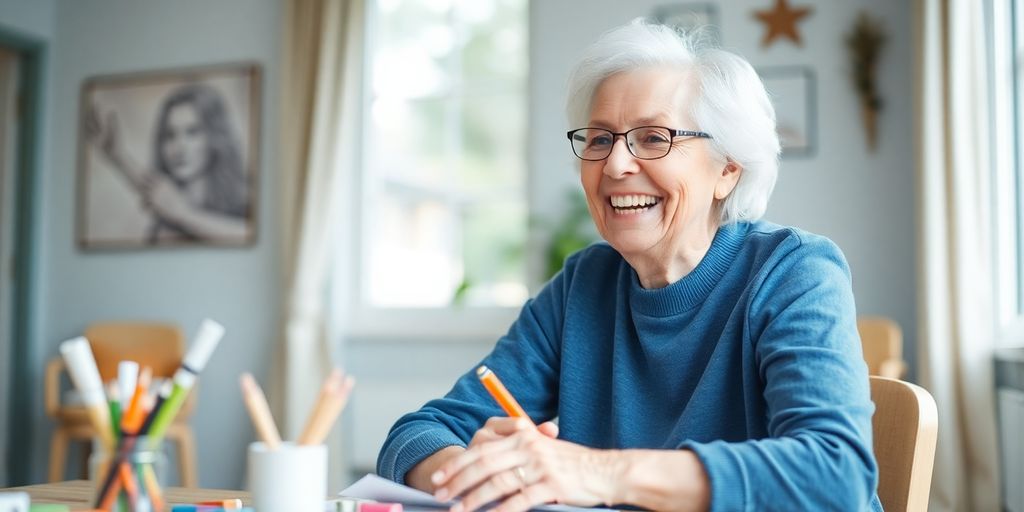 Ältere Person lächelt in heller Umgebung.