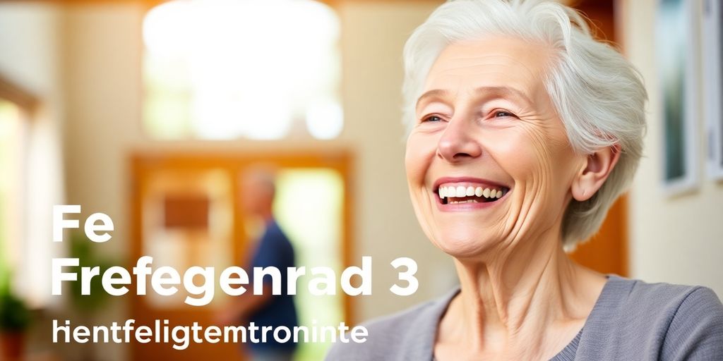 Ältere weiße Person lächelt in heller Umgebung.