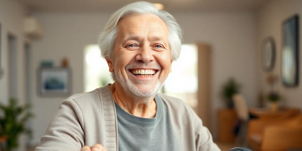 Ältere weiße Person mit einem Lächeln in hellem Raum.