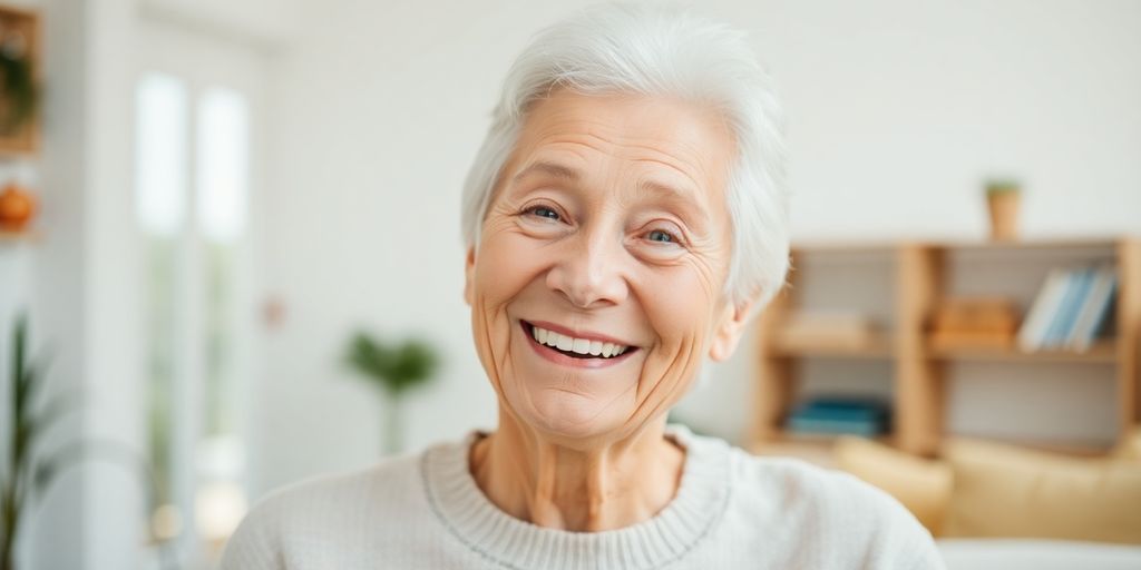 Ältere Person lächelt in hellem Umfeld.