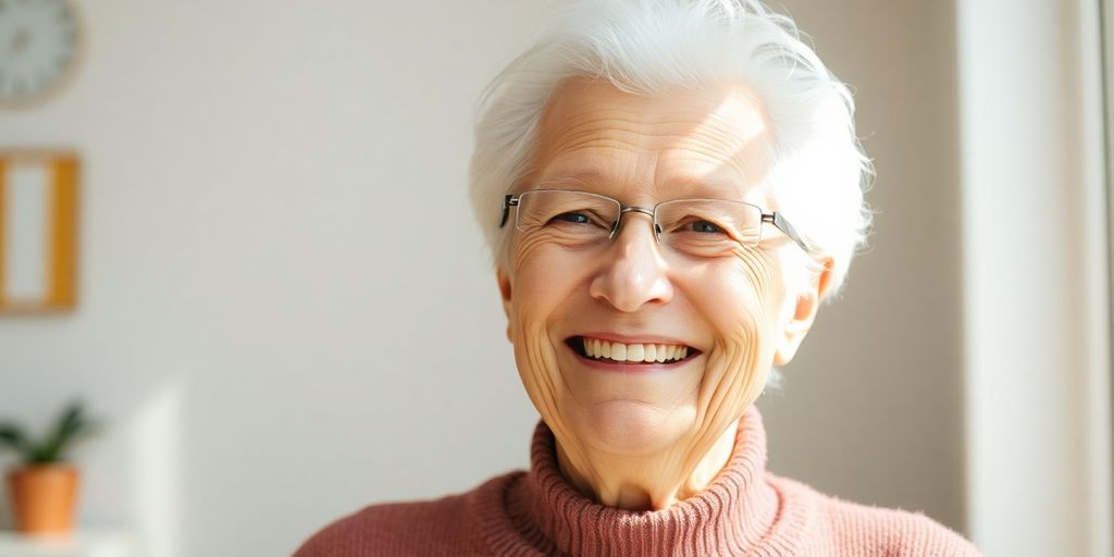 Lächelnder älterer weißer Mensch in hellen Räumen.